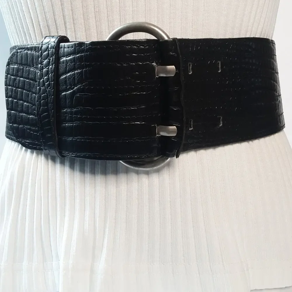 Abbe' Creations Womens Black Crocodile Embossed Genuine Leather Wide Belt Small